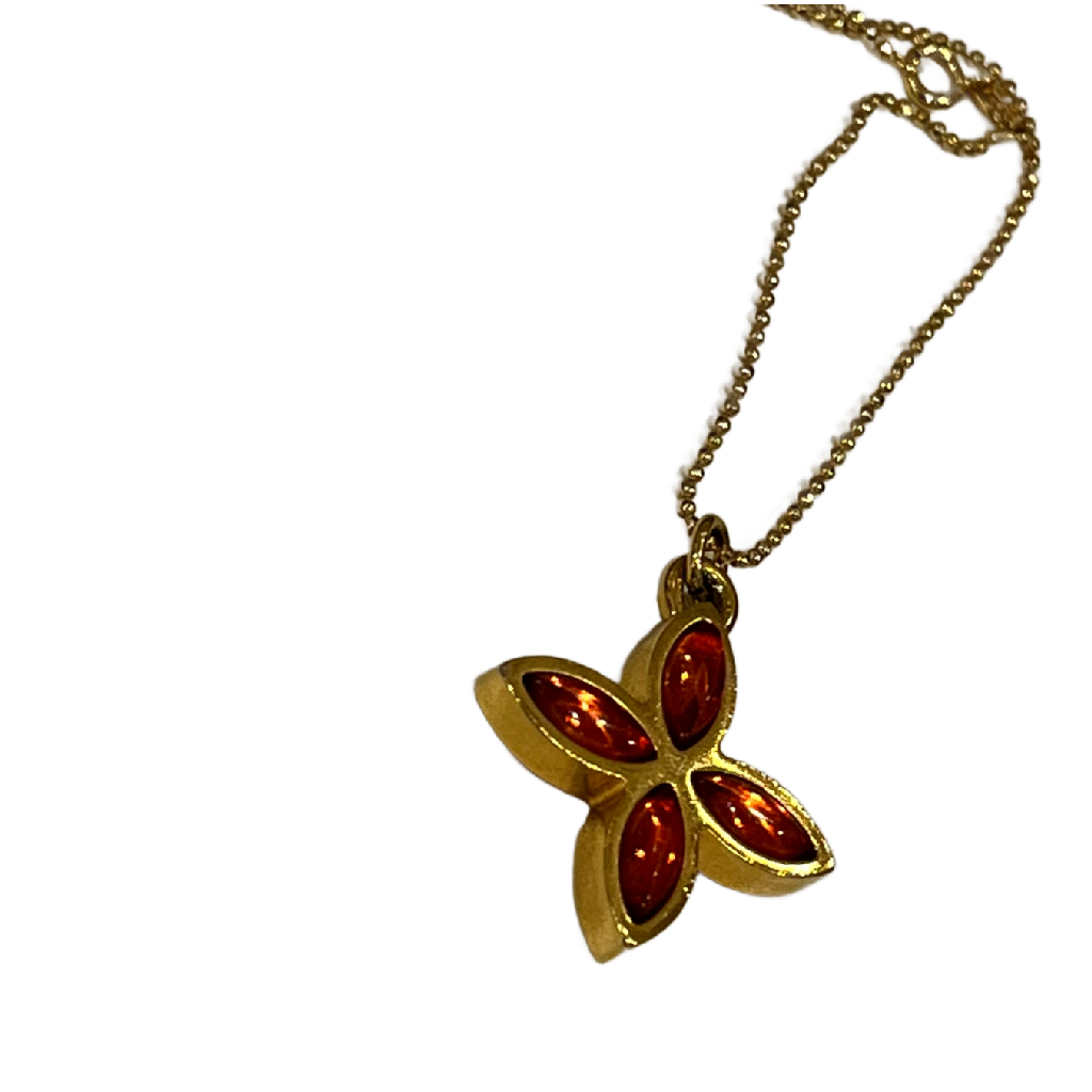 Pointed Flower / Amber Orange Crystal Logo 2- Sided Louis Vuitton Charm on Necklace