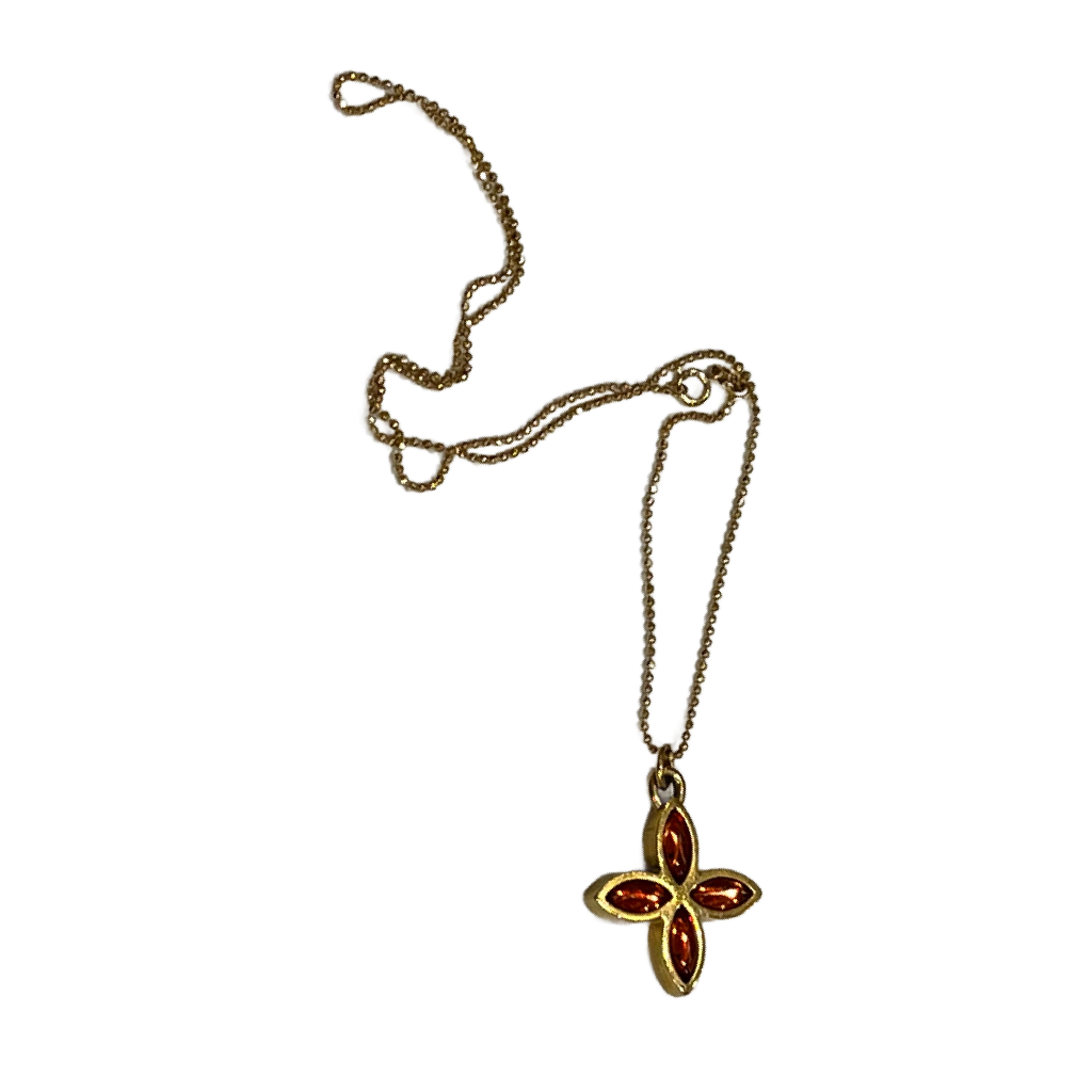 Pointed Flower / Amber Orange Crystal Logo 2- Sided Louis Vuitton Charm on Necklace
