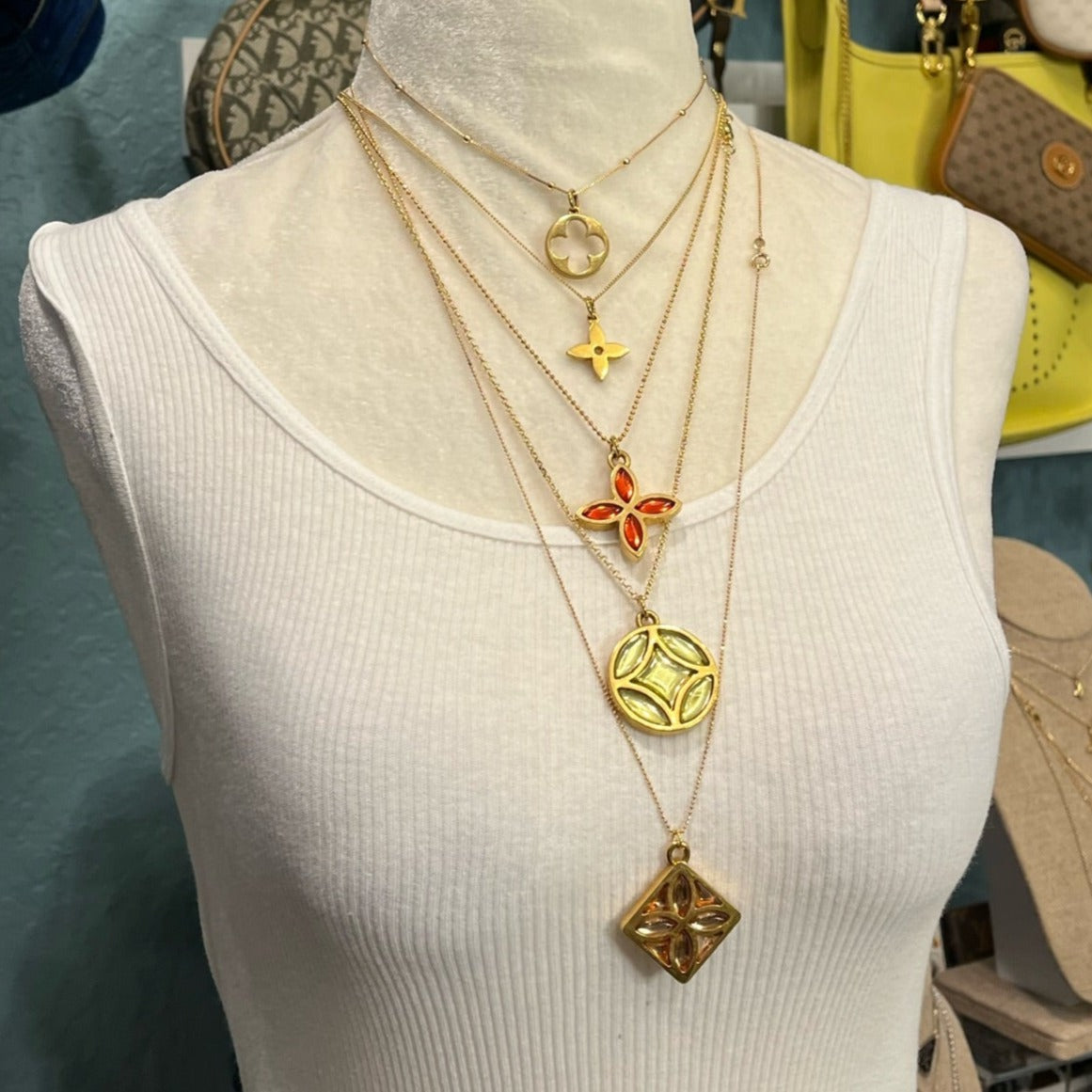Pointed Flower / Amber Orange Crystal Logo 2- Sided Louis Vuitton Charm on Necklace