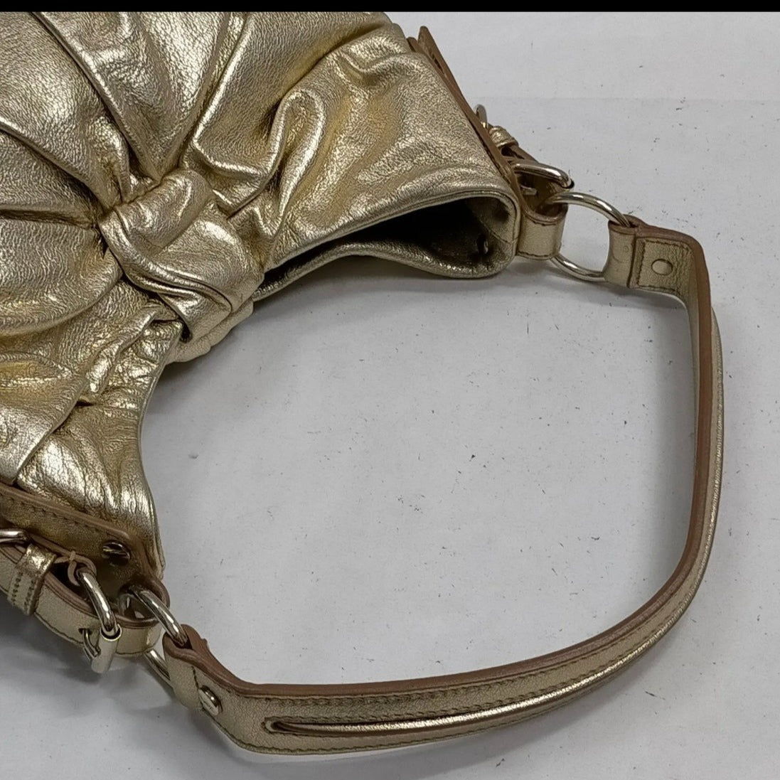 YSL Saint Laurent Metallic Gold Pleated Bow Leather Hobo