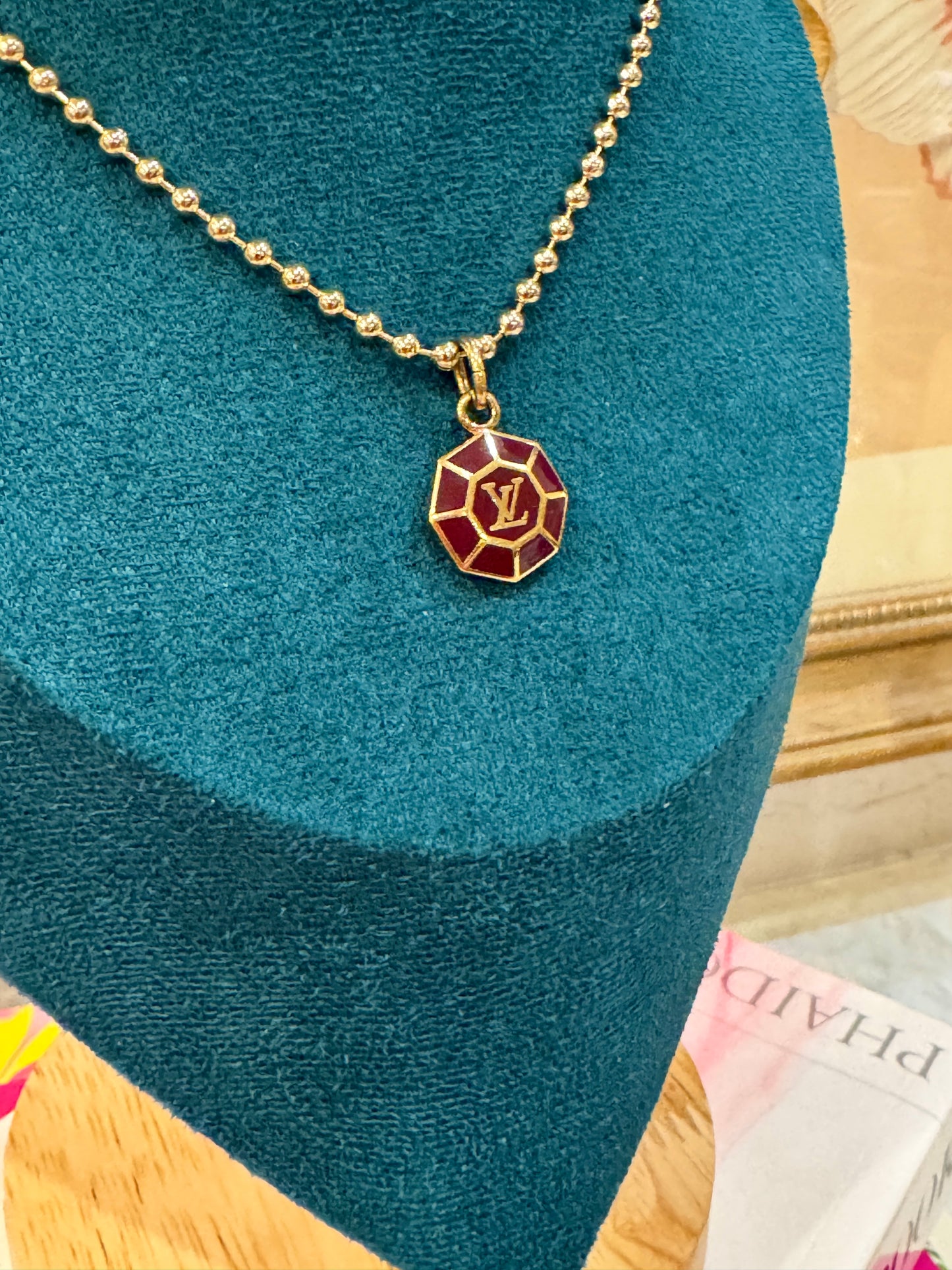 Merlot mini Octagon Charm Pendant on Bead Ball Chain