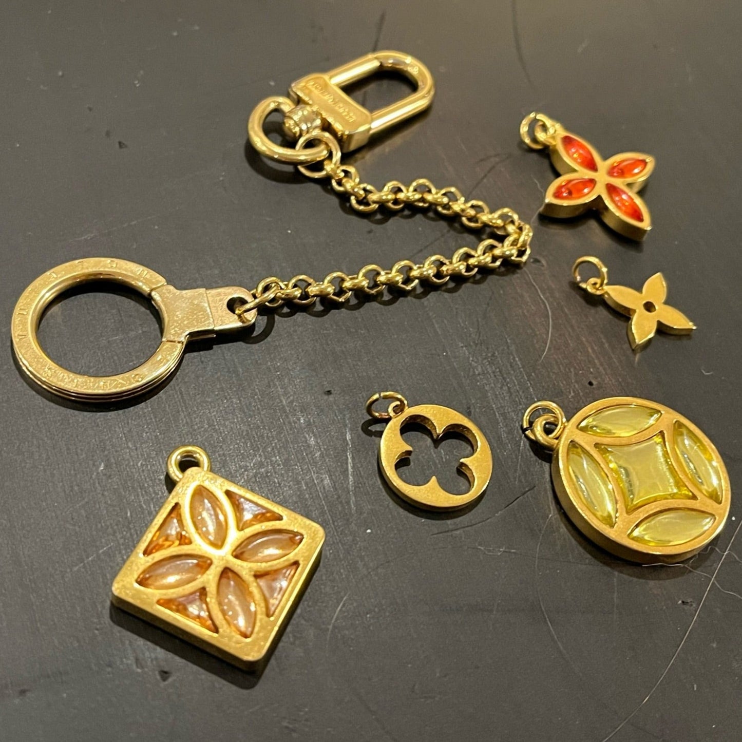 Pointed Flower / Amber Orange Crystal Logo 2- Sided Louis Vuitton Charm on Necklace