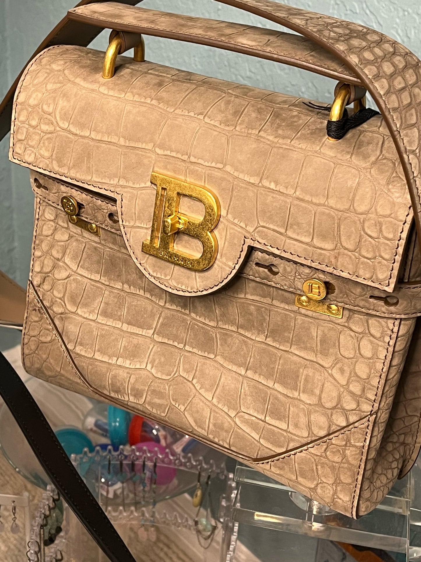 Balmain NWT BBUZZ CROCODILE-EFFECT NUBUCK SHOULDER BAG in TAUPE