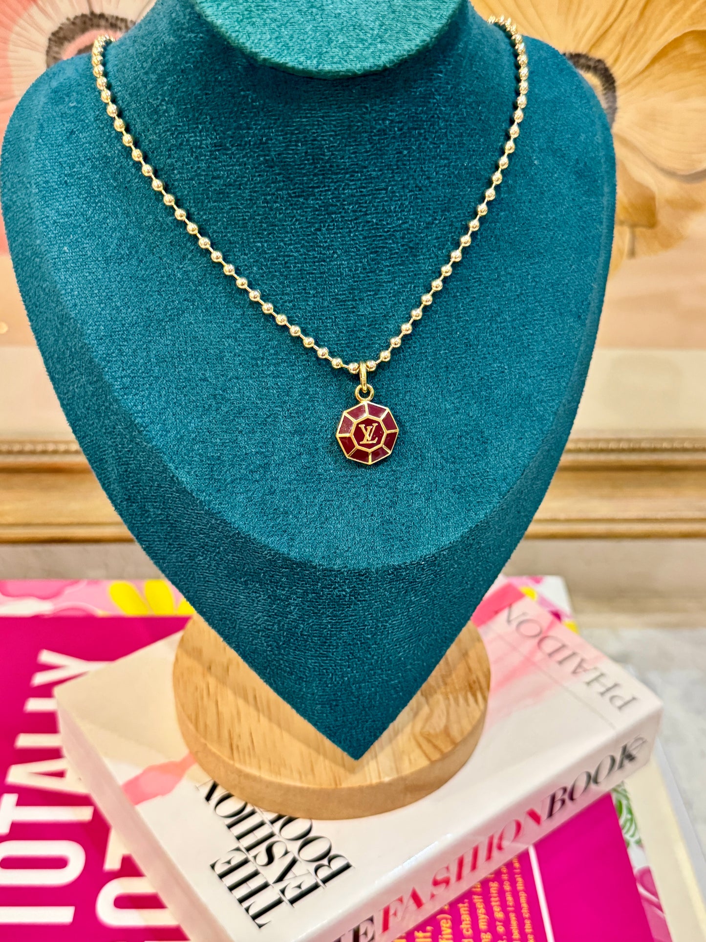 Merlot mini Octagon Charm Pendant on Bead Ball Chain