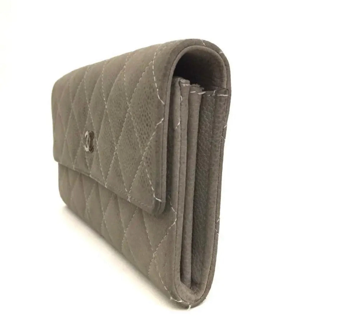 Vintage Chanel Taupe Caviar Skin Long Wallet Clutch/ WOC 2 Chain straps