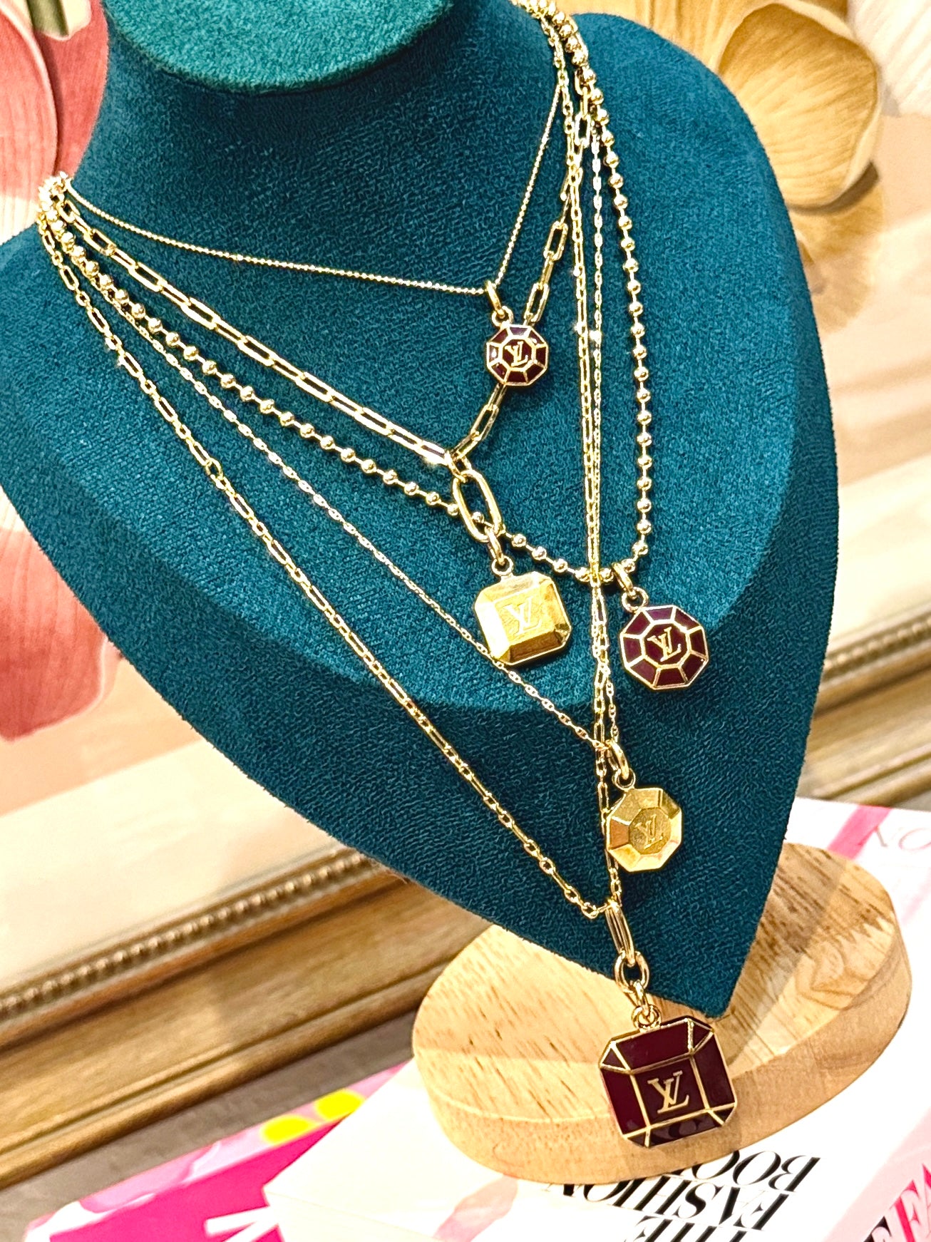 Merlot mini Octagon Charm Pendant on Bead Ball Chain