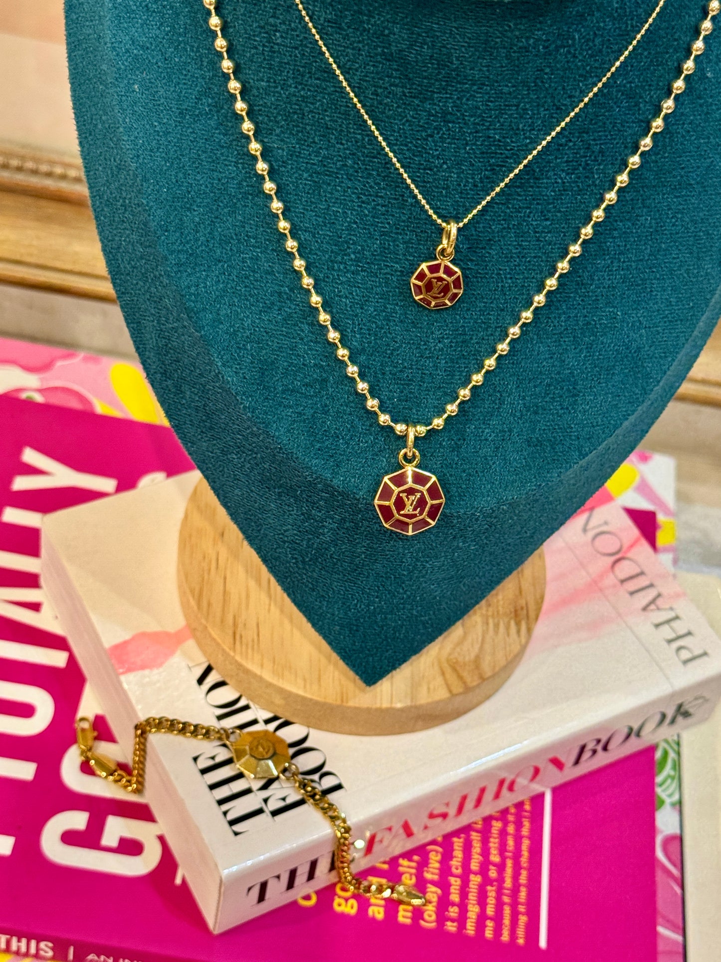 Merlot mini Octagon Charm Pendant on Bead Ball Chain