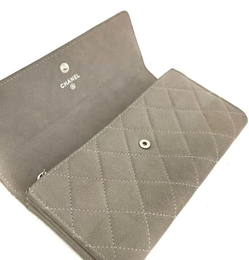 Vintage Chanel Taupe Caviar Skin Long Wallet Clutch/ WOC 2 Chain straps
