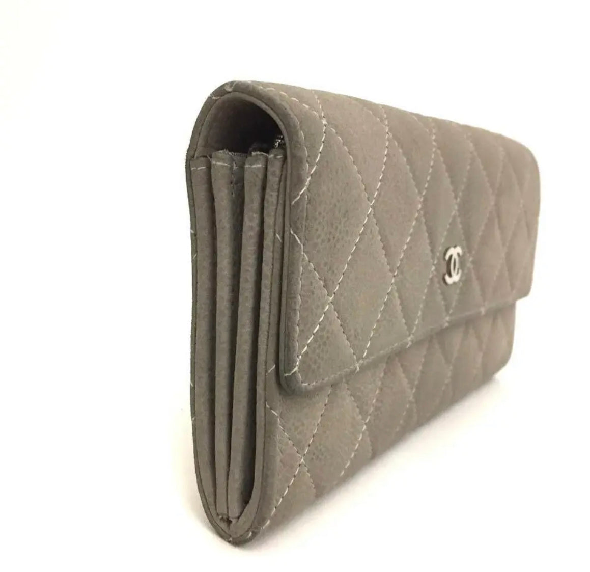 Vintage Chanel Taupe Caviar Skin Long Wallet Clutch/ WOC 2 Chain straps
