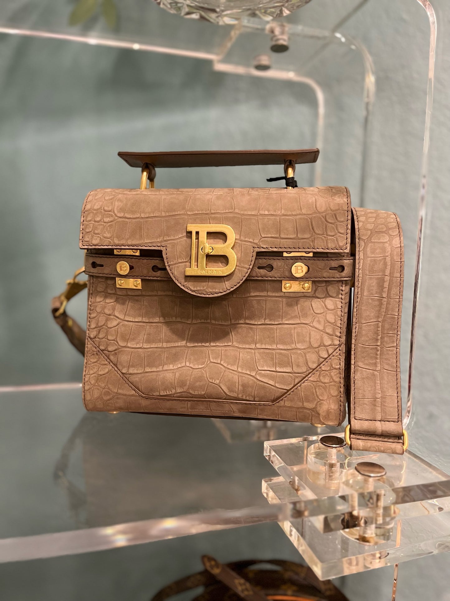 Balmain NWT BBUZZ CROCODILE-EFFECT NUBUCK SHOULDER BAG in TAUPE