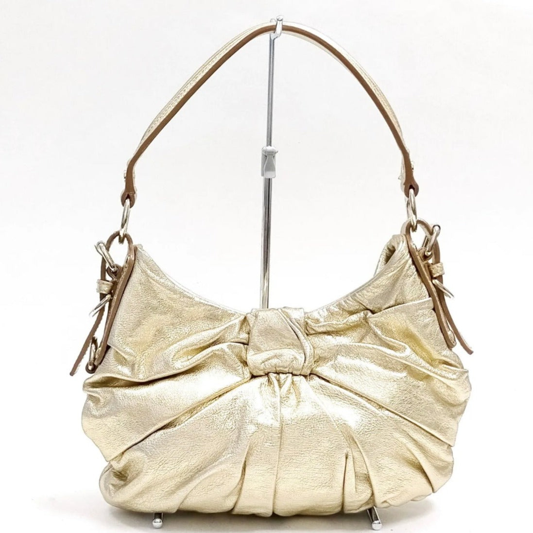 YSL Saint Laurent Metallic Gold Pleated Bow Leather Hobo
