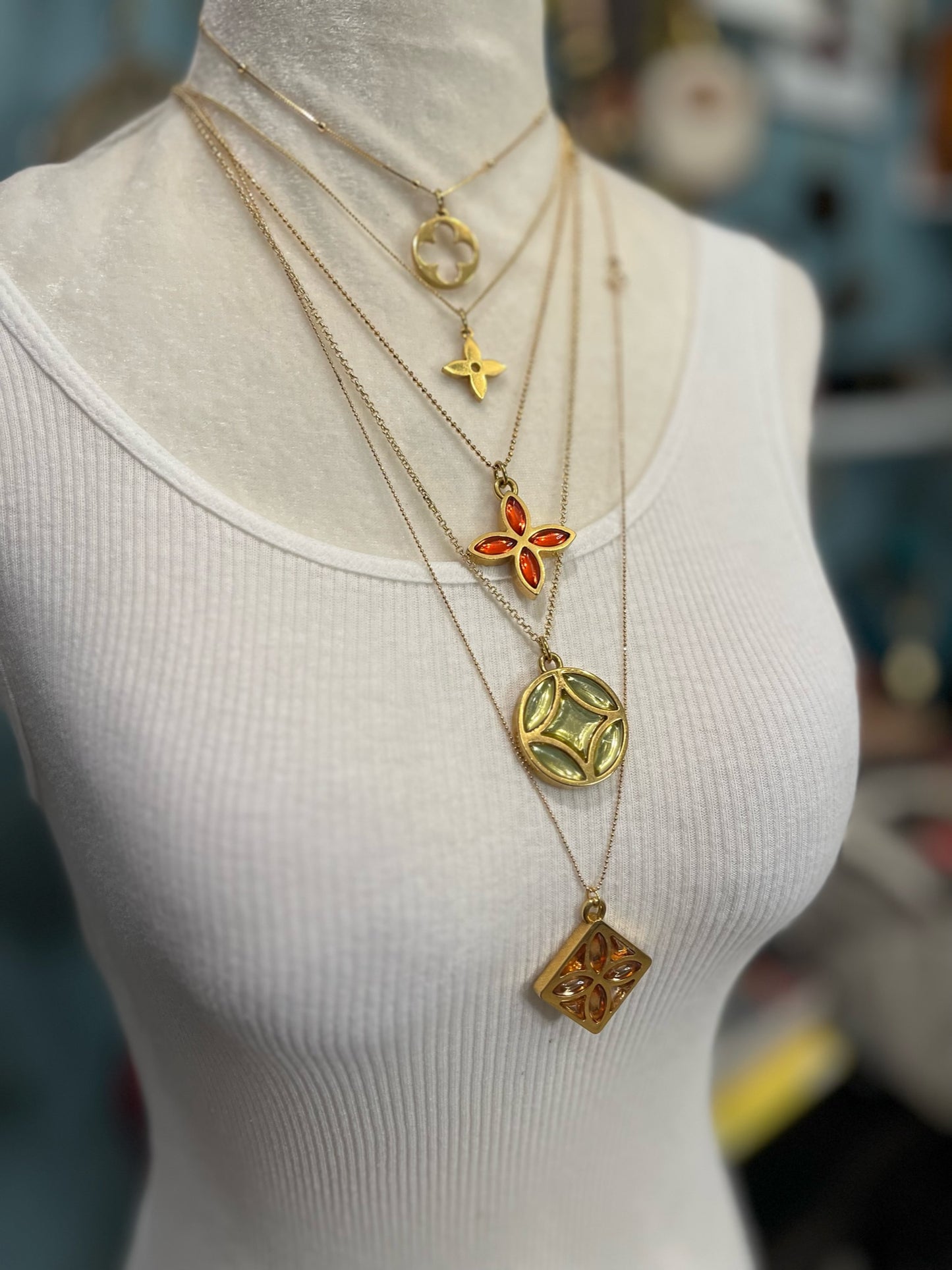 Pointed Flower / Amber Orange Crystal Logo 2- Sided Louis Vuitton Charm on Necklace