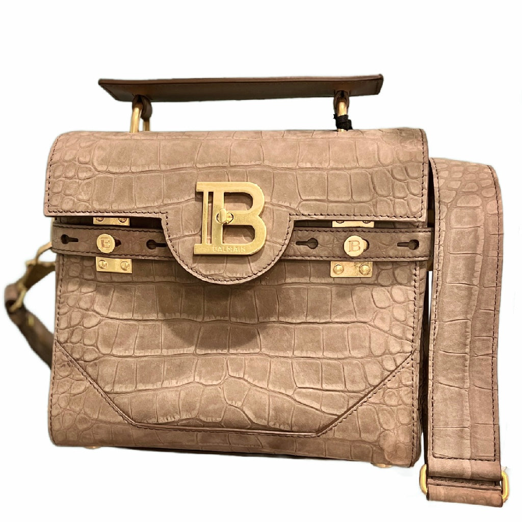 Balmain NWT BBUZZ CROCODILE-EFFECT NUBUCK SHOULDER BAG in TAUPE