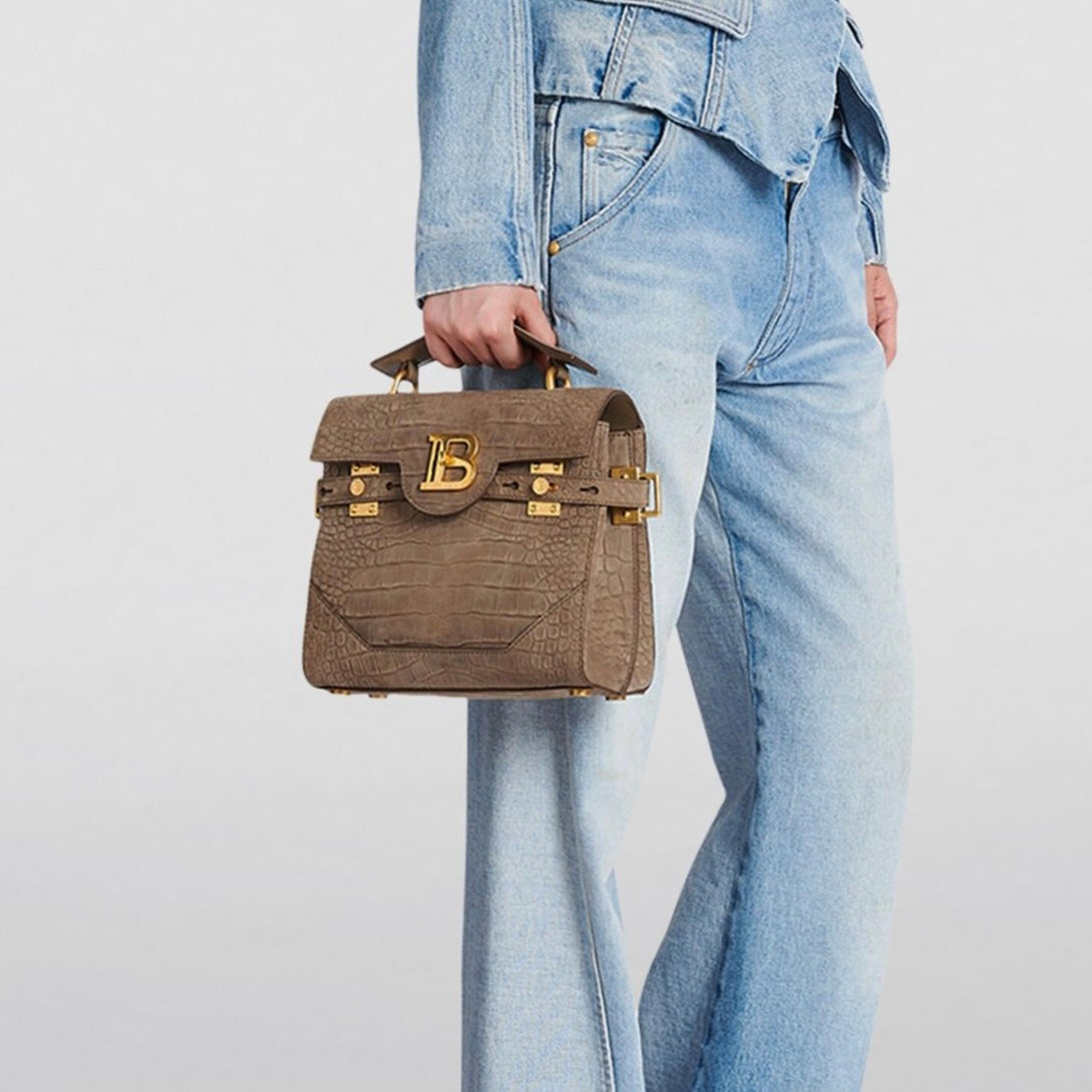 Balmain NWT BBUZZ CROCODILE-EFFECT NUBUCK SHOULDER BAG in TAUPE