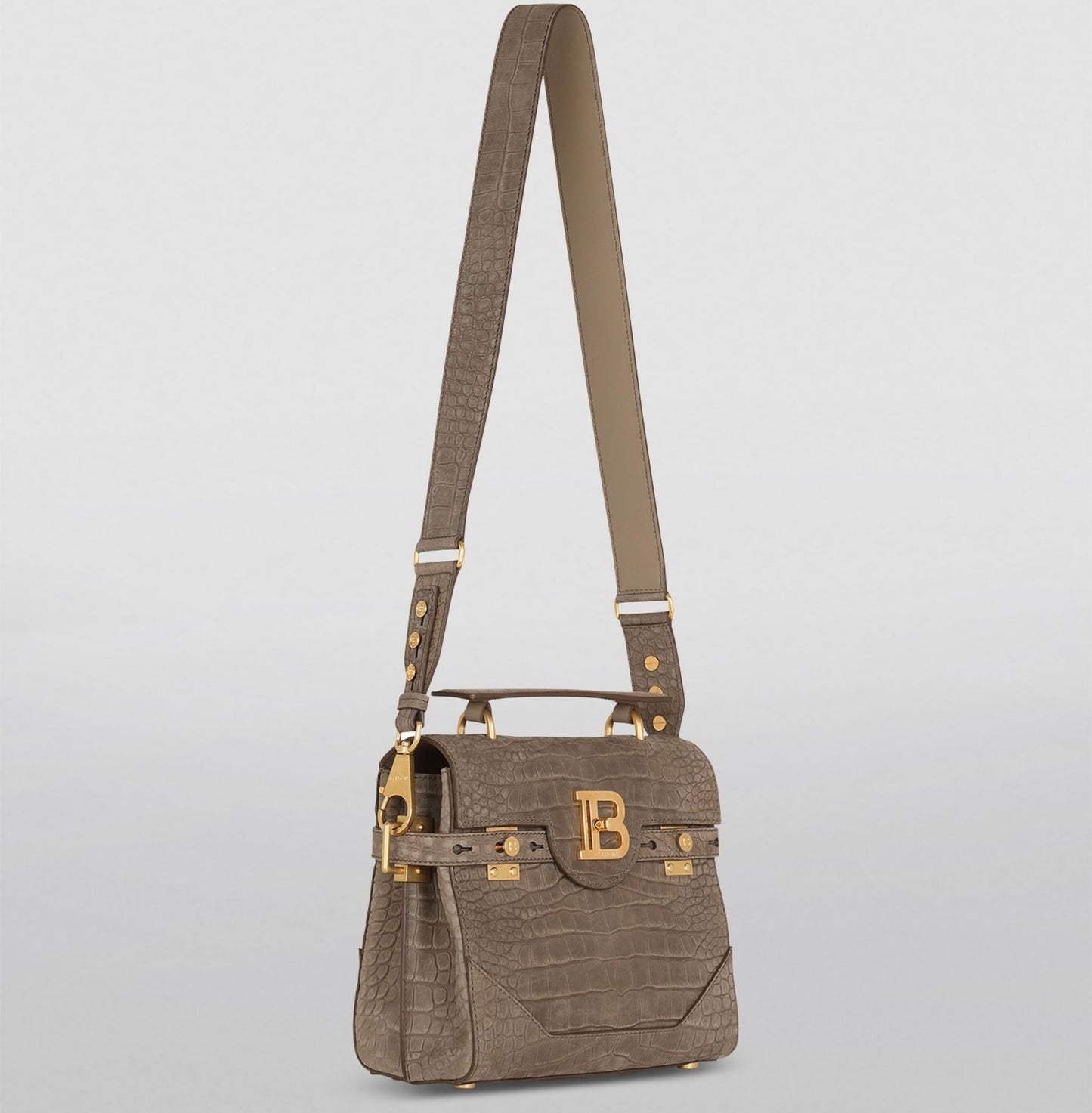 Balmain NWT BBUZZ CROCODILE-EFFECT NUBUCK SHOULDER BAG in TAUPE