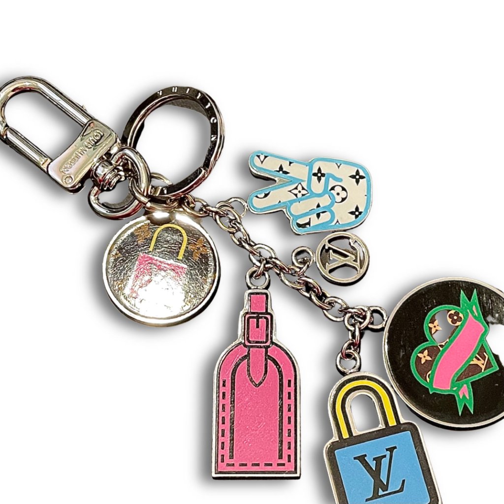 Silver with Pink Yellow Blue LV Lock and Toggle Louis Vuitton Re-Worked Charm Necklace - L