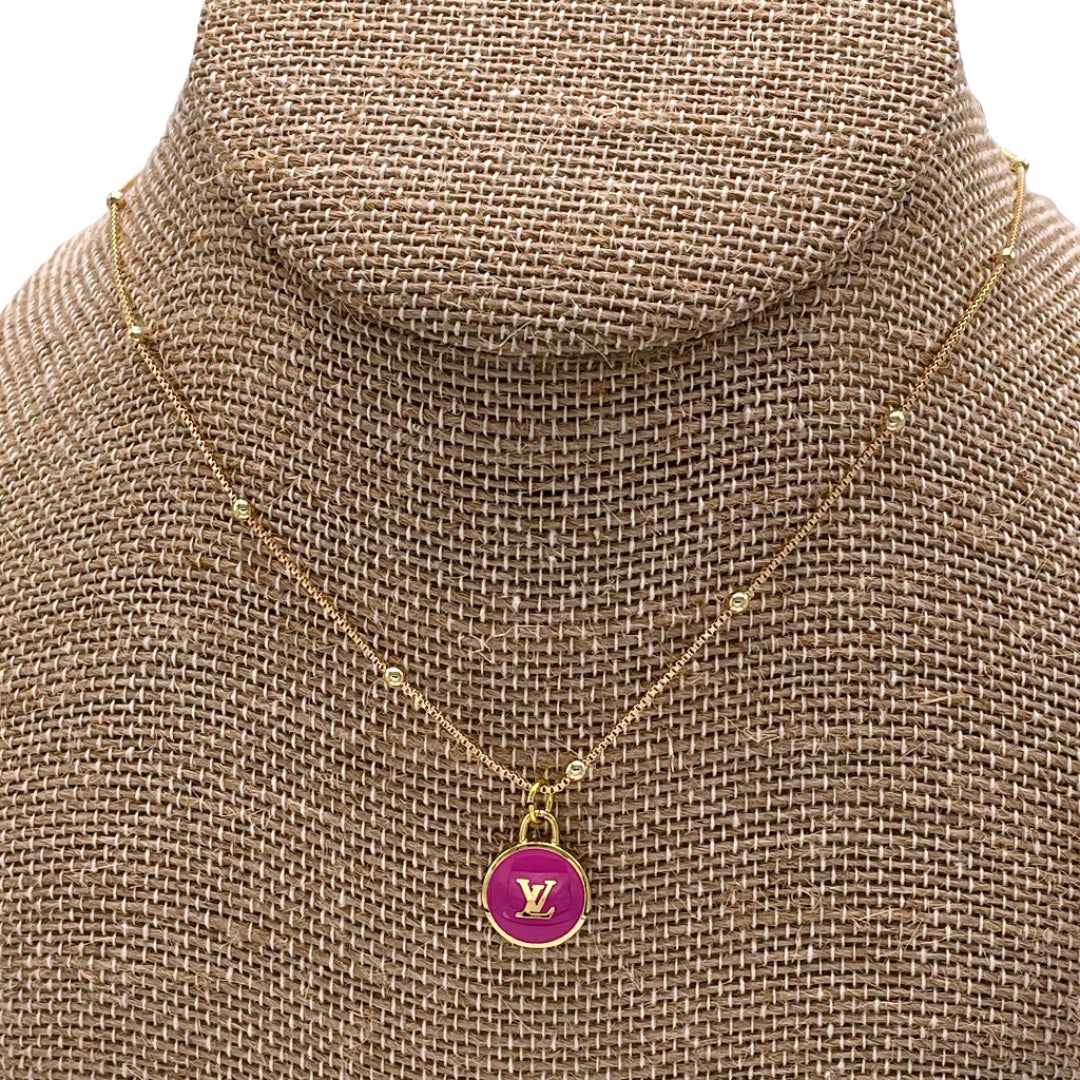 Dainty Louis Vuitton LV Logo Pink Pastilles Repurposed Charm Necklace