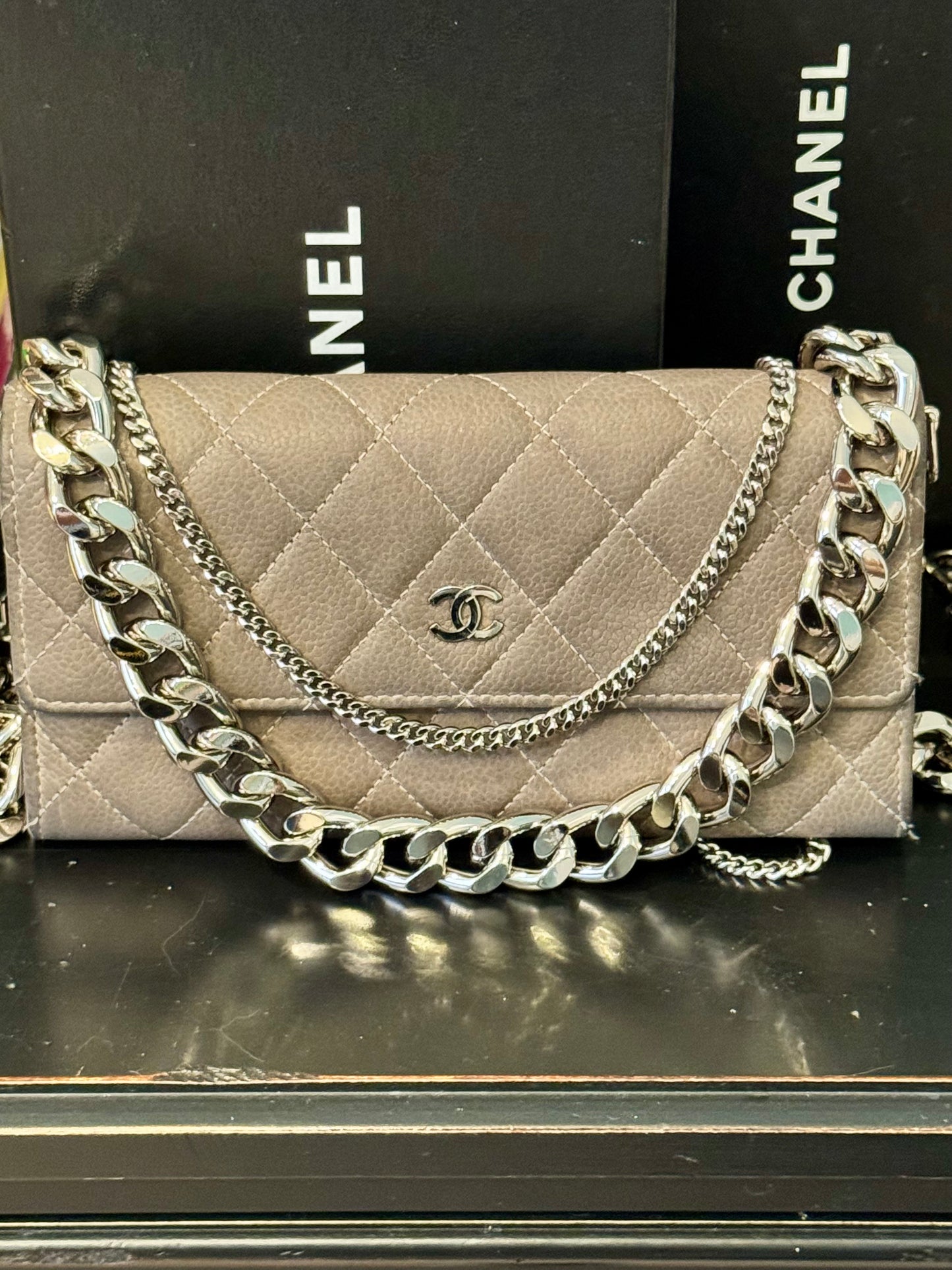 Vintage Chanel Taupe Caviar Skin Long Wallet Clutch/ WOC 2 Chain straps