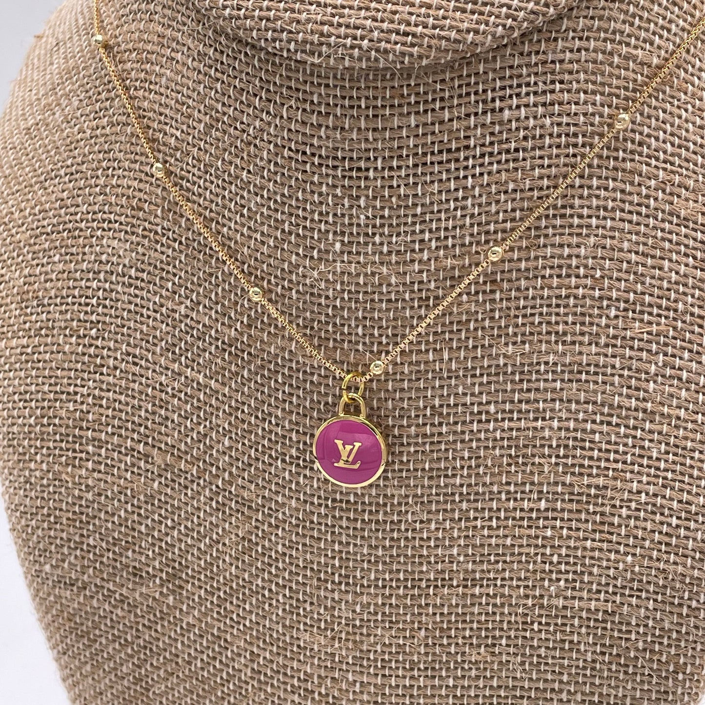 Dainty Louis Vuitton LV Logo Pink Pastilles Charm Worn on Chain as Necklace