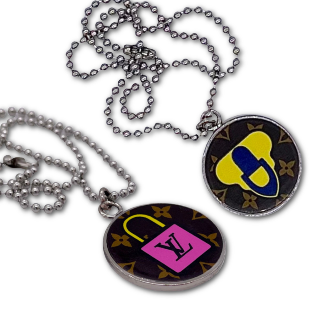 Silver with Pink Yellow Blue LV Lock and Toggle Louis Vuitton Re-Worked Charm Necklace - L