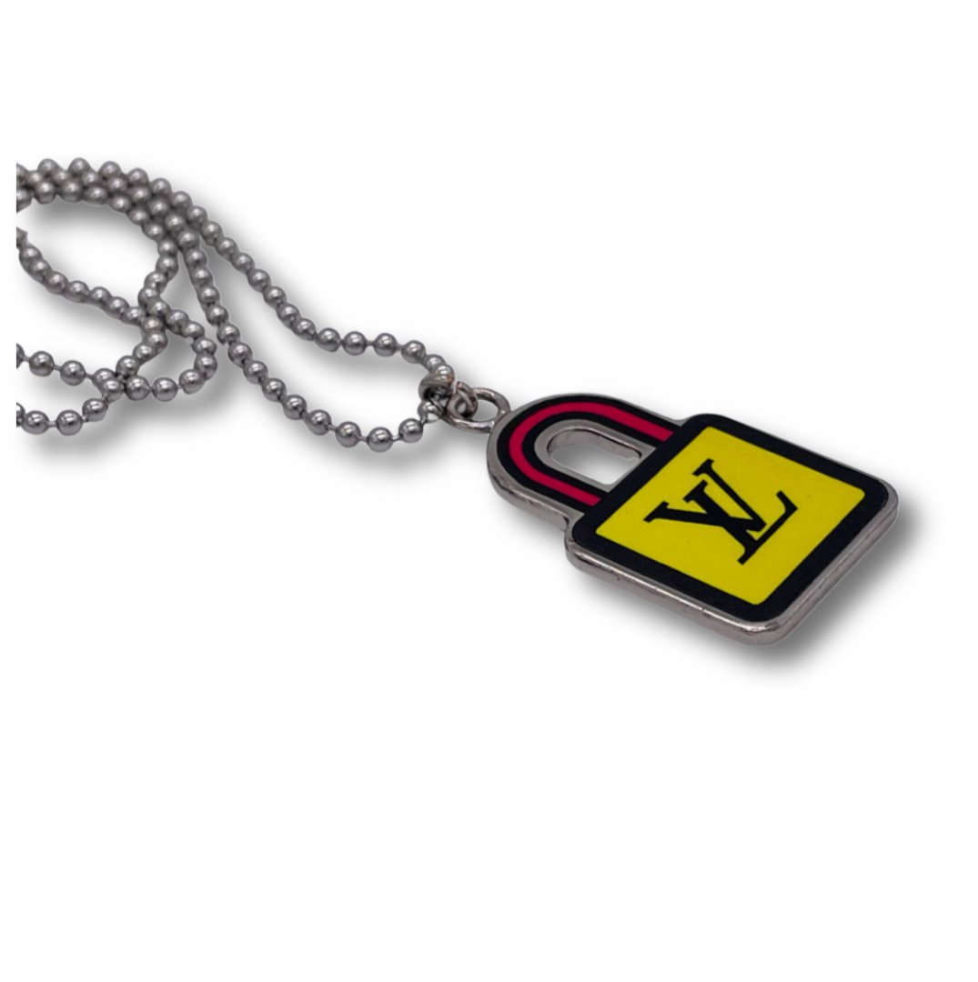 LV Silver with Yellow Pink and Blue Louis Vuitton Lock Re-worked 2-Sided Charm on Necklace