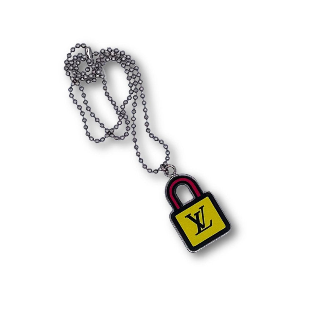 LV Silver with Yellow Pink and Blue Louis Vuitton Lock Re-worked 2-Sided Charm on Necklace