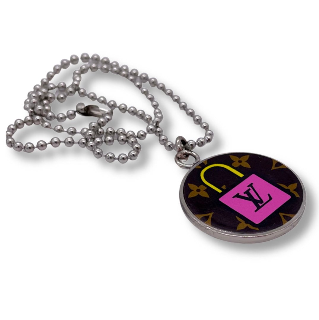Silver with Pink Yellow Blue LV Lock and Toggle Louis Vuitton Re-Worked Charm Necklace - L