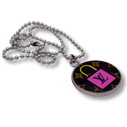 Silver with Pink Yellow Blue LV Lock and Toggle Louis Vuitton Re-Worked Charm Necklace - L