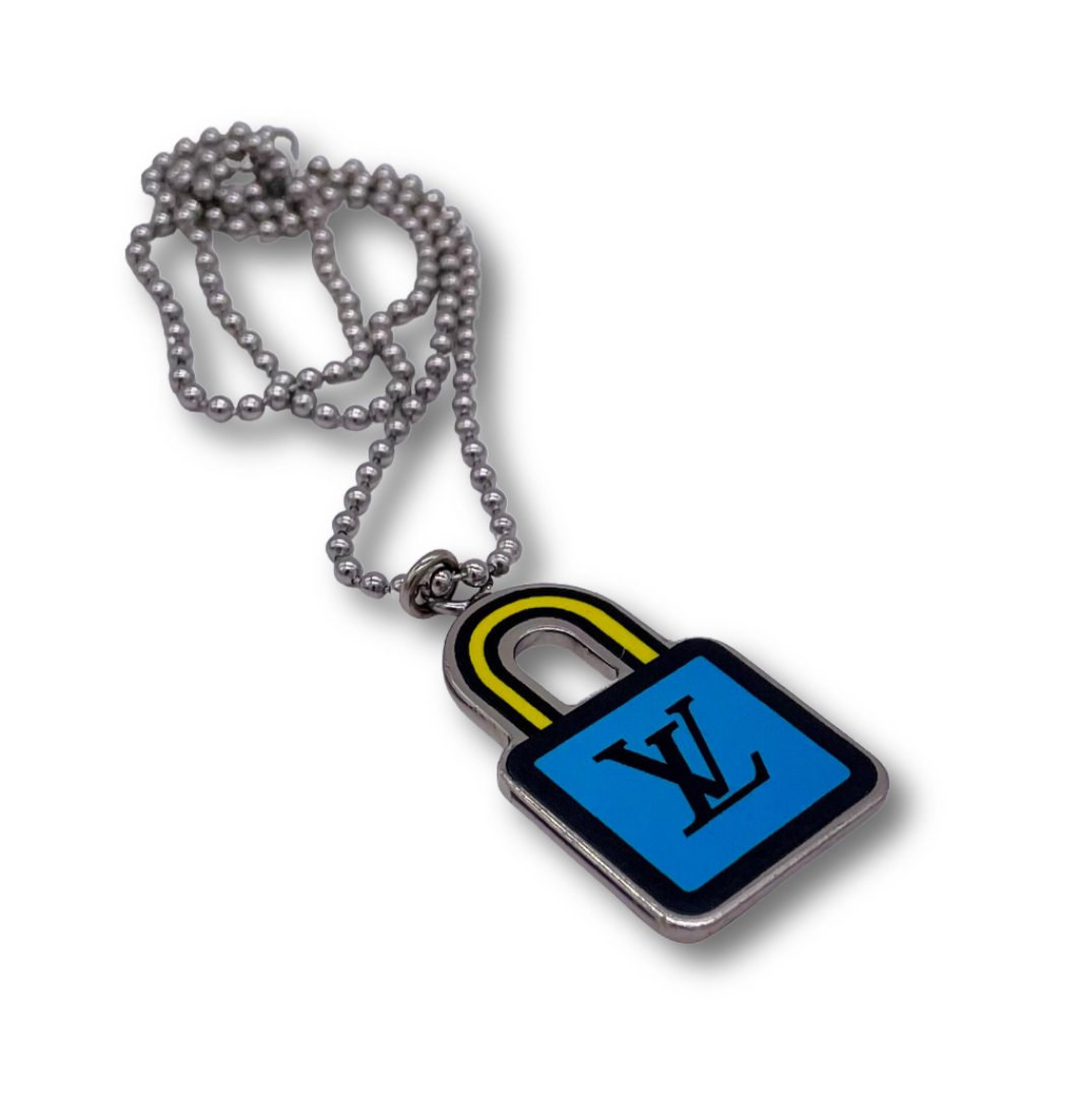 LV Silver with Yellow Pink and Blue Louis Vuitton Lock Re-worked 2-Sided Charm on Necklace